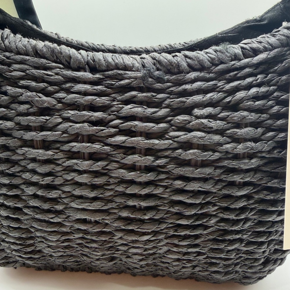 A New Day Black Woven Straw Handbag with Striped Scarf Bow NEW - Picture 6 of 7